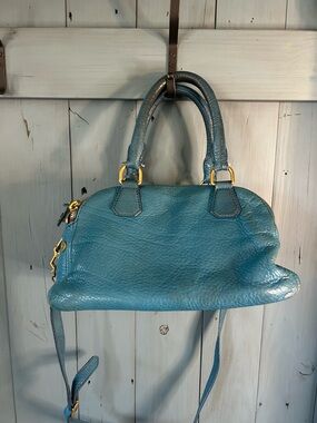 J. Crew Teal Blue Pebbled Leather Satchel with Brass Hardware